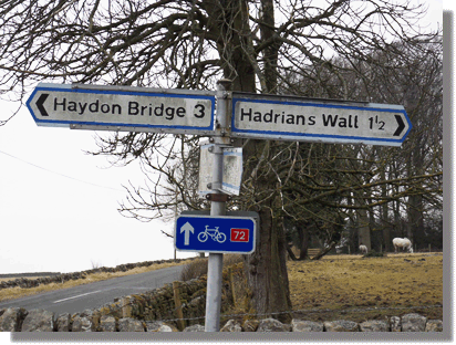 View of the Cycle Route 72 road sign near to the Northumberland accommodation The Reading Rooms